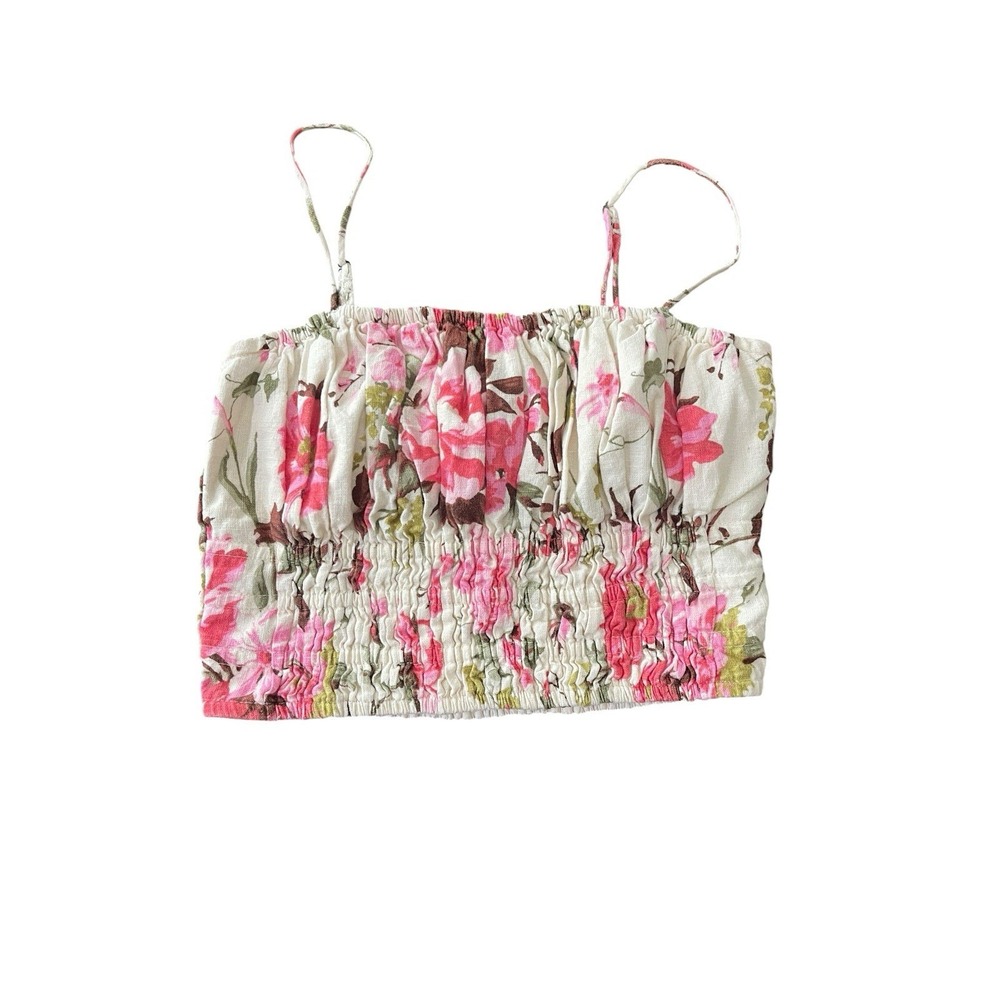Abercrombie & Fitch Small Floral Ruched Cami Crop Top Linen Blend Romantic